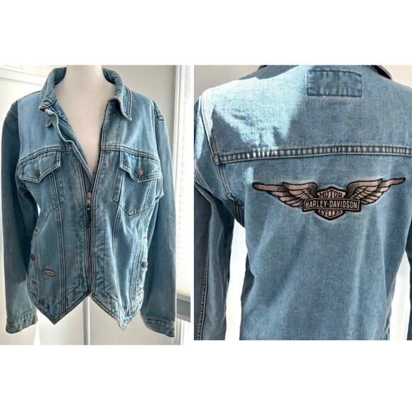 Harley Davidson Vintage 1990s Jean Jacket Women's Medium Wings Patchwork - Picture 1 of 10